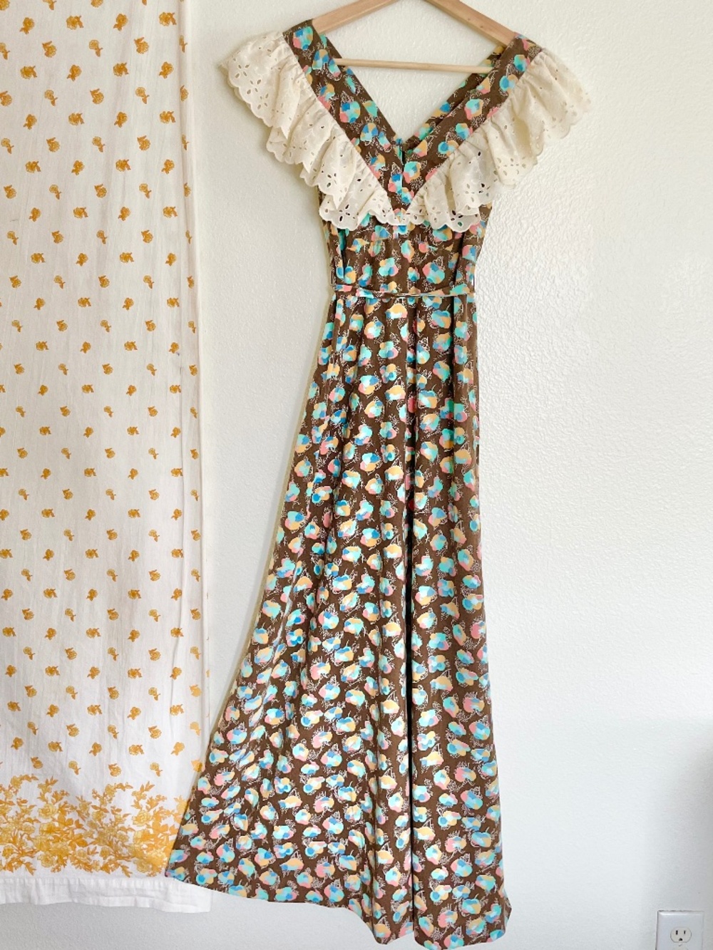 Vintage 70s Prairie Maxi Dress Eyelet Collar